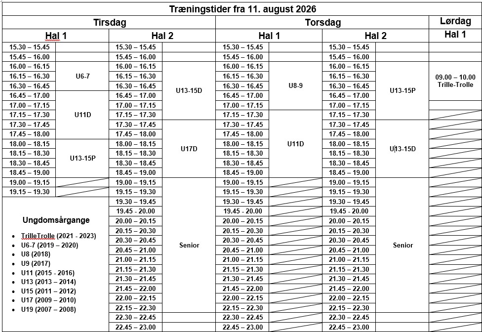 Træninstider fra august 2026